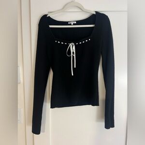 Reformation Black Long Sleeve Top with White Tie Detail